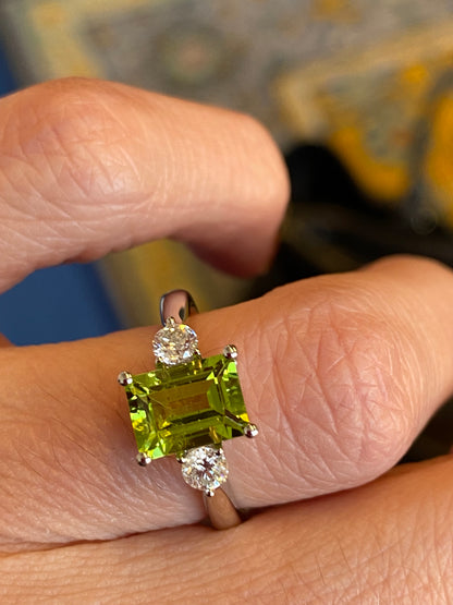 2.06 CTW Carat Peridot and Diamond Three Stone Engagement Ring in Platinum