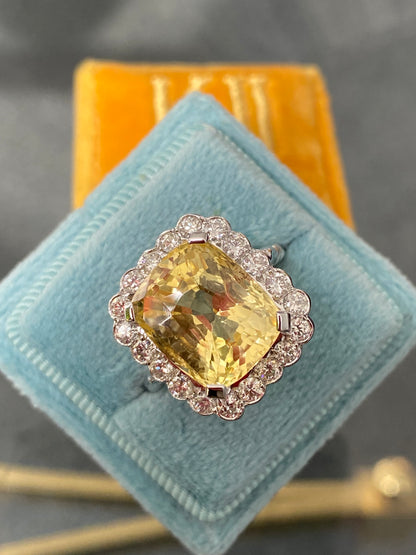 11.32 Carat Certified Unheated Yellow Sapphire and 1.05 Carat Diamond Ring