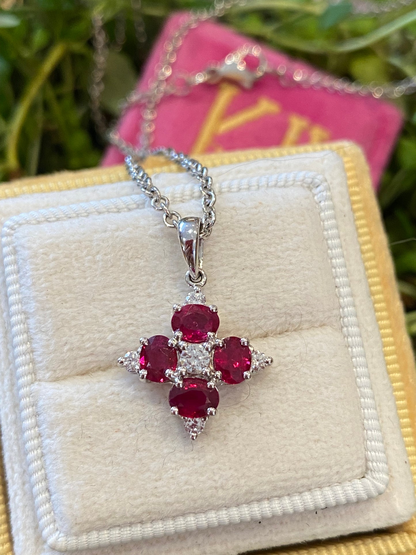 Vintage Ruby and Diamond Pendant Necklace in 18ct White Gold