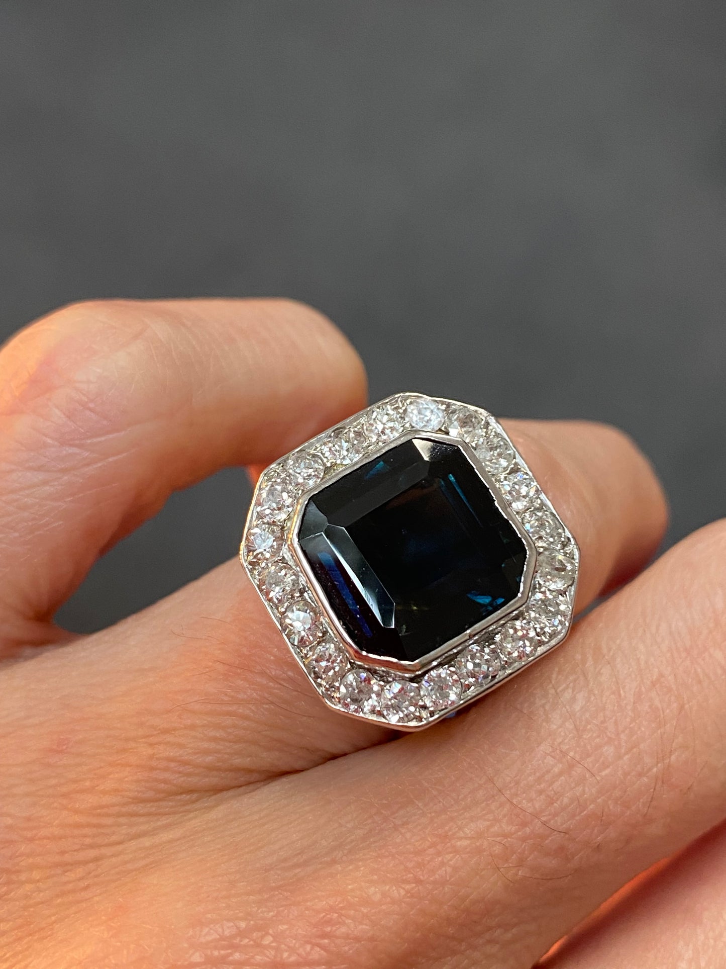 9.50 CTW Midnight Blue Sapphire and Natural Diamond Antique Art Deco Engagement Ring in Platinum