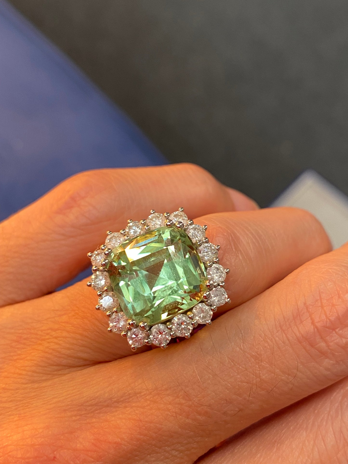 11.86 Carat Cushion Cut Mint Tourmaline and 1.88ctw Natural Diamond Ring in Platinum