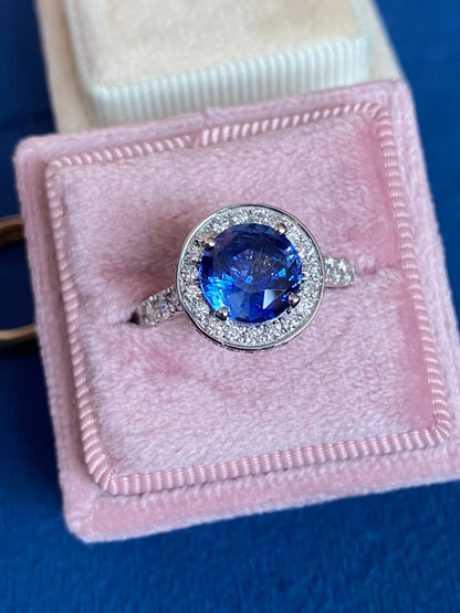 3.65 CTW Blue Ceylon Sapphire and Natural Diamond Double Halo Ring in Platinum