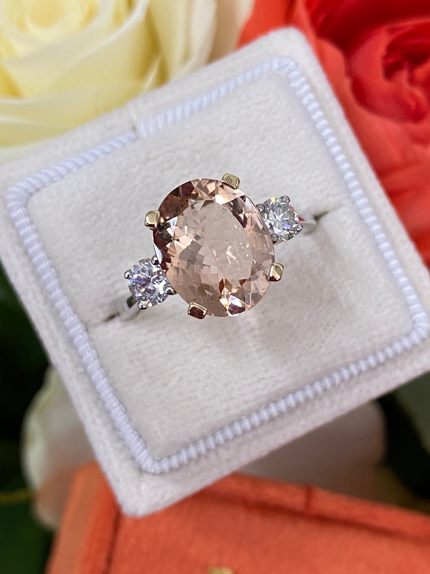 3.11ct Oval Cut Morganite and Diamond Three Stone Engagement Ring in 18ct Gold