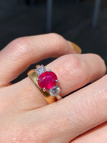 2.41 Carat Oval Ruby and Natural Diamond Three-Stone Engagement Ring in Platinum