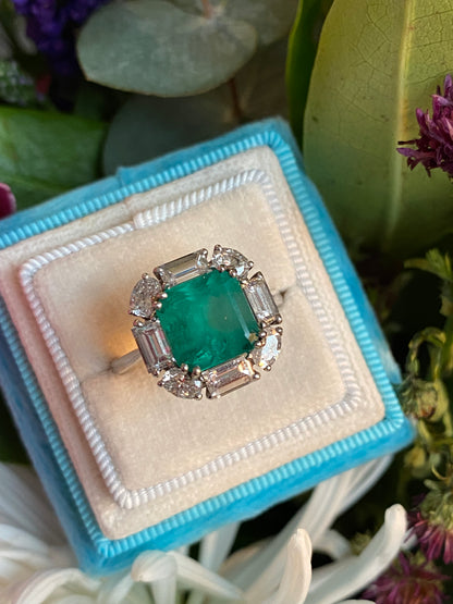 5.66 CTW Vintage Sqaure Emerald Cut Colombian Emerald and Natural Diamond Halo Ring in Platinum