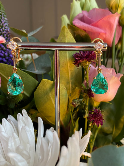 Spectacular 9.65ctw Pear Cut Colombian Emerald and Diamond Drop Earrings in 18ct Yellow Gold