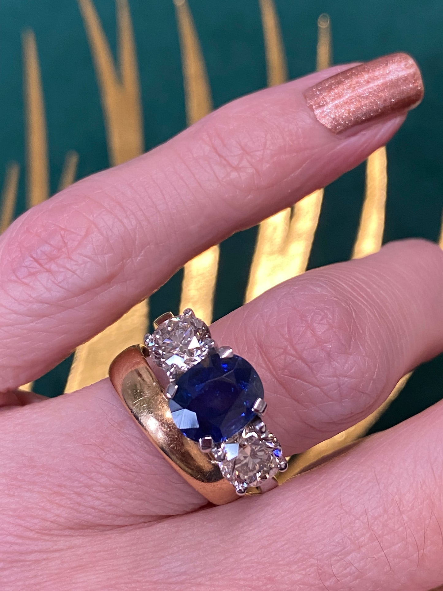 2.76ct Antique Blue Ceylon Sapphire and 2.02ct Diamond Three Stone Engagement Ring in 18ct White Gold