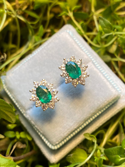 1.60 CTW Emerald and Diamond Halo Stud Earrings in 18ct Yellow Gold