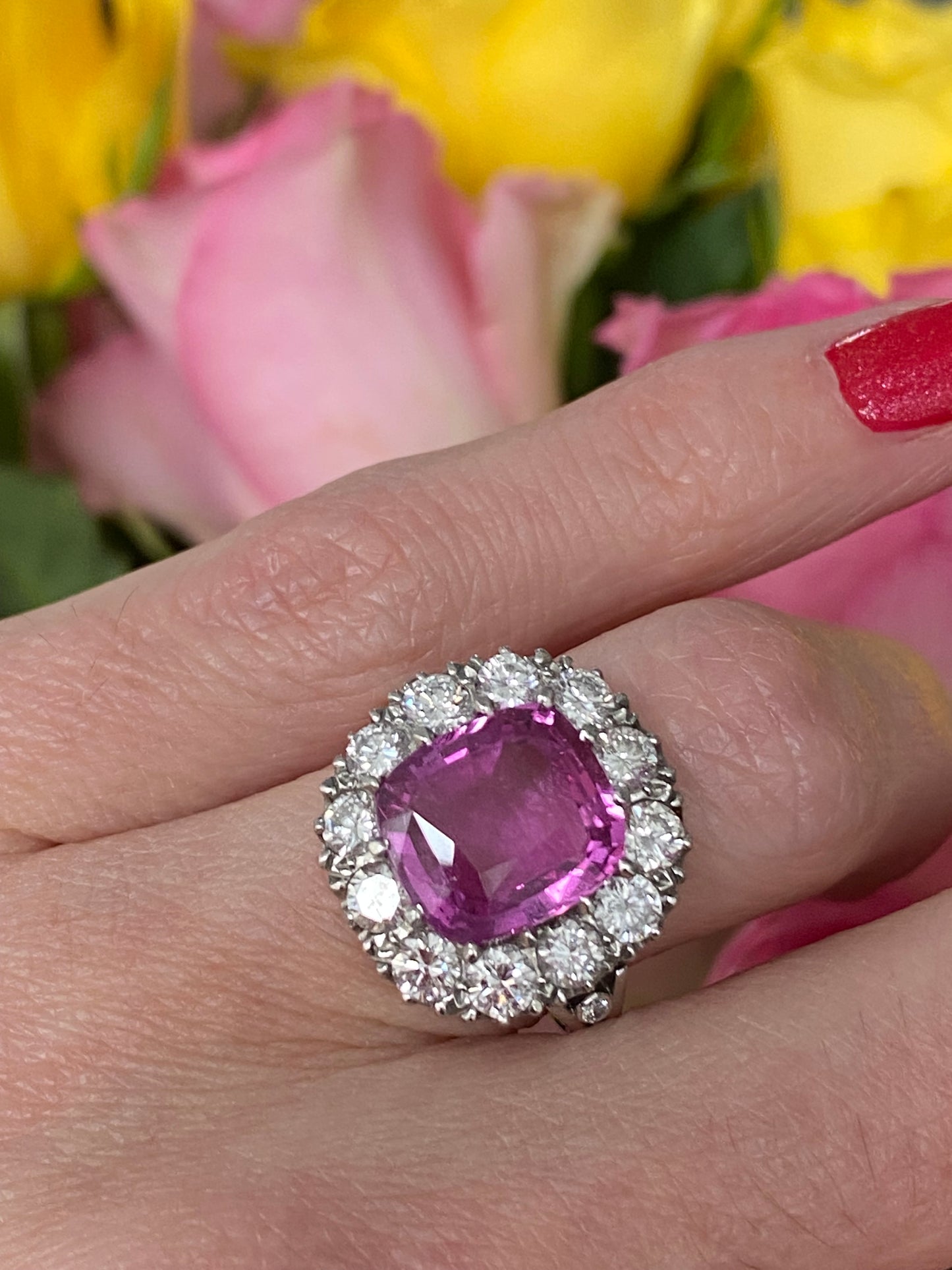 5.51 Carat Cushion Cut Pink Sapphire and 2.10ctw Diamond Halo Ring in Platinum