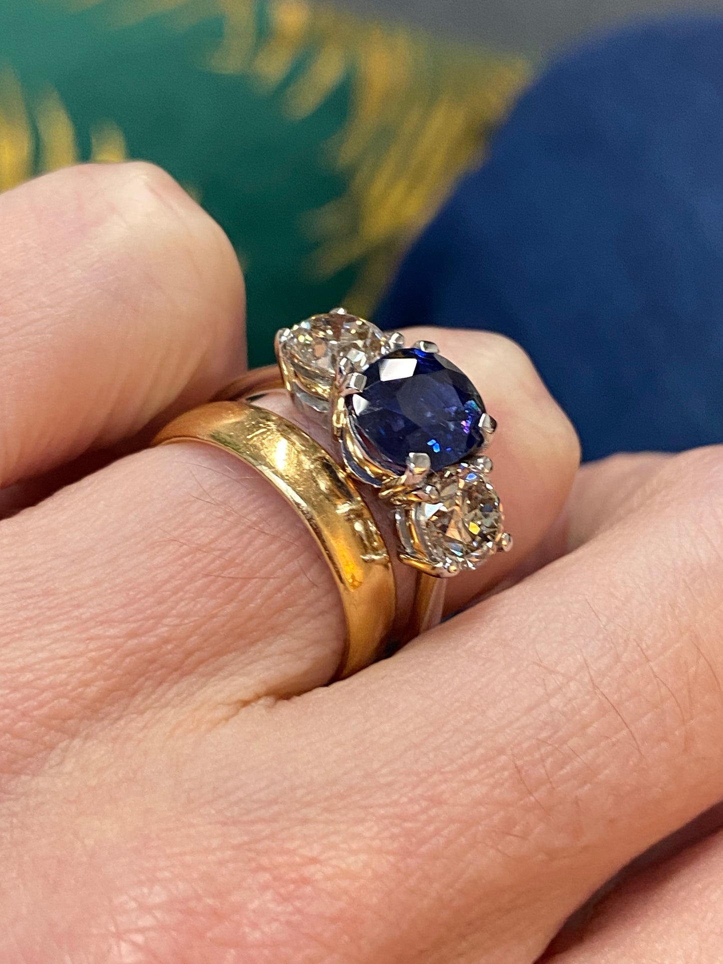 2.76ct Antique Blue Ceylon Sapphire and 2.02ct Diamond Three Stone Engagement Ring in 18ct White Gold