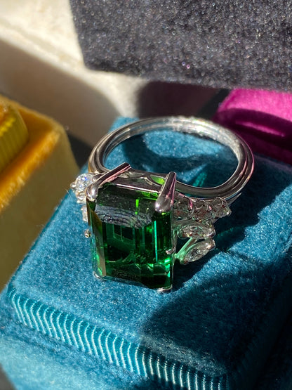 8.00 Carat Emerald Cut Green Tourmaline and Diamond Ring in 18ct White Gold