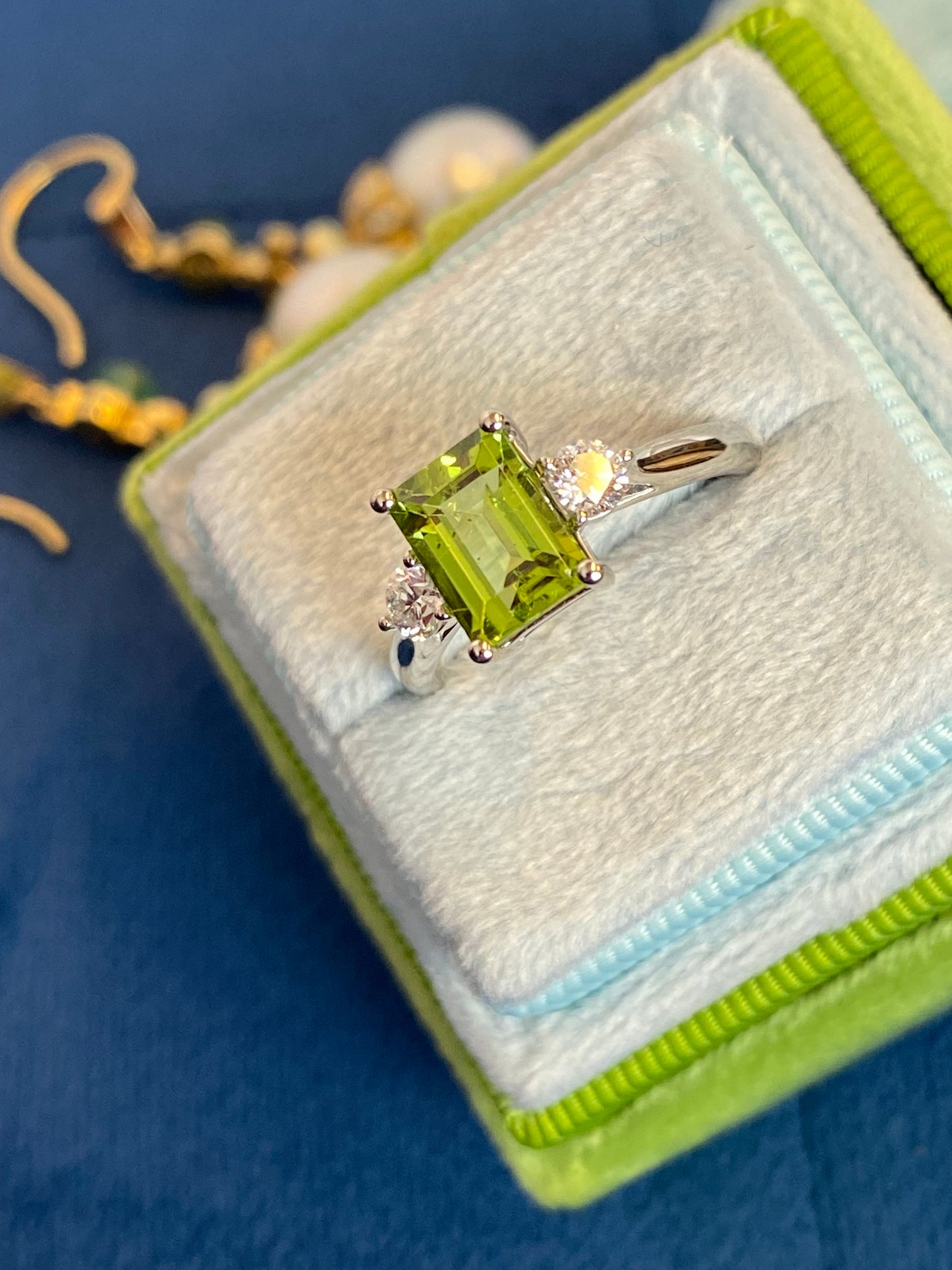 2.06 CTW Carat Peridot and Diamond Three Stone Engagement Ring in Platinum