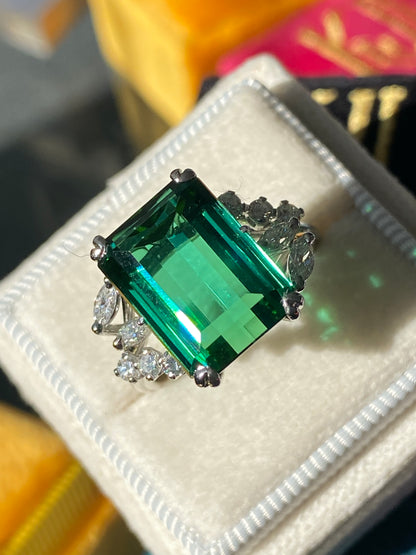 8.00 Carat Emerald Cut Green Tourmaline and Diamond Ring in 18ct White Gold