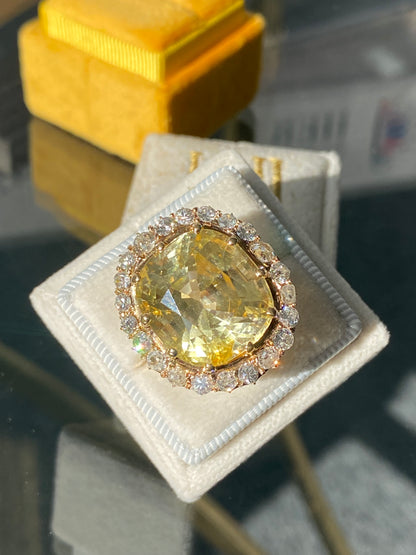 23.62 Carat Certified Unheated Yellow Sapphire and Old Cut Diamond Antique Ring