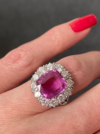 5.51 Carat Cushion Cut Pink Sapphire and 2.10ctw Diamond Halo Ring in Platinum