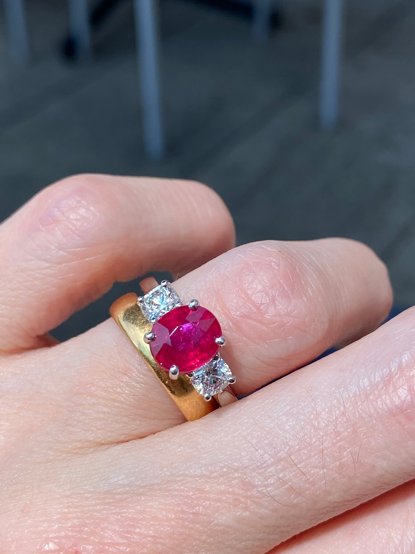 2.41 Carat Oval Ruby and Natural Diamond Three-Stone Engagement Ring in Platinum