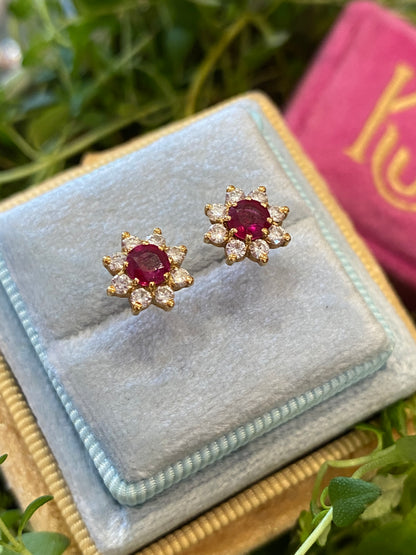 Ruby and Diamond Halo Earrings in 18ct Yellow Gold