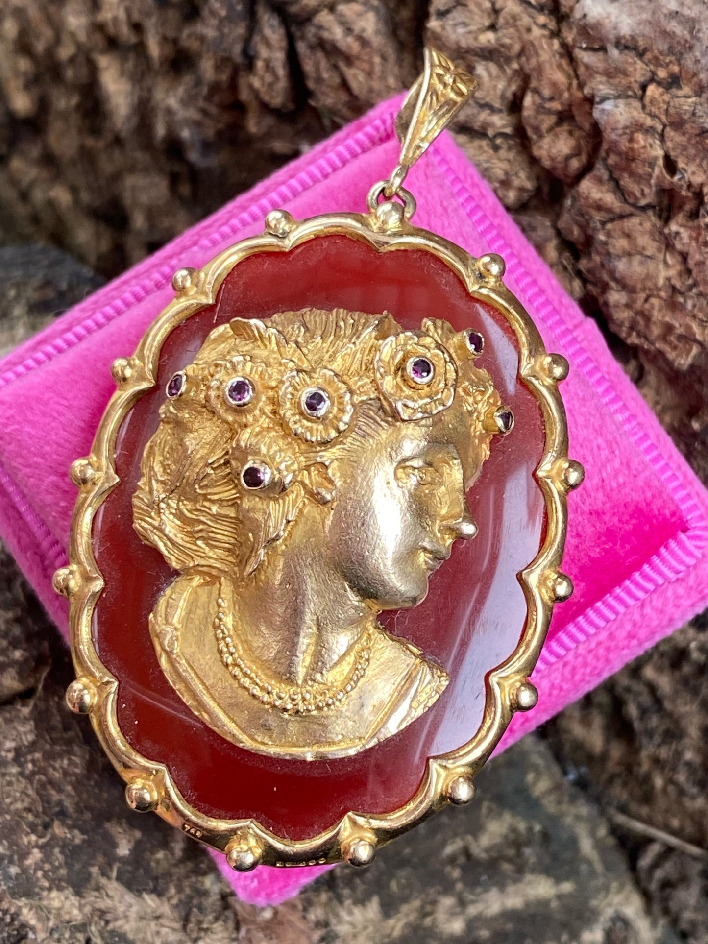 Vintage Carnelian and Ruby Cameo Pendant in 9ct Yellow Gold