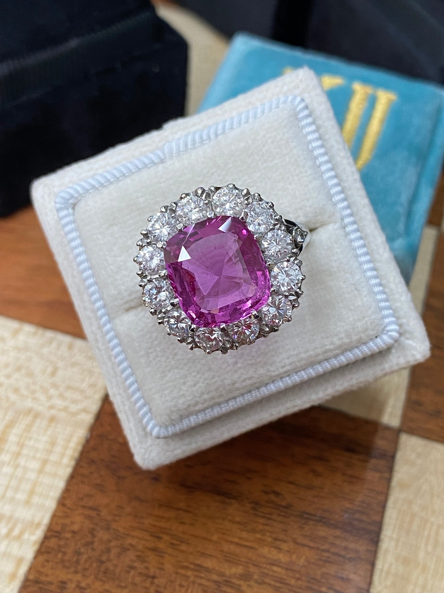 5.51 Carat Cushion Cut Pink Sapphire and 2.10ctw Diamond Halo Ring in Platinum