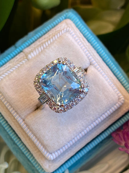 5.12 CTW Cushion Cut Aquamarine and Natural Diamond Halo Engagement Ring in Platinum