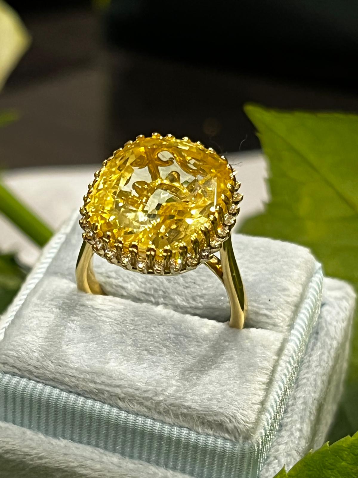 Masterpiece 19.23 Carat Certified Antique Unheated Yellow Sapphire and Diamond Ring