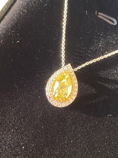 2.00 Carat Fancy Yellow Pear Cut Diamond Halo Necklace in Platinum