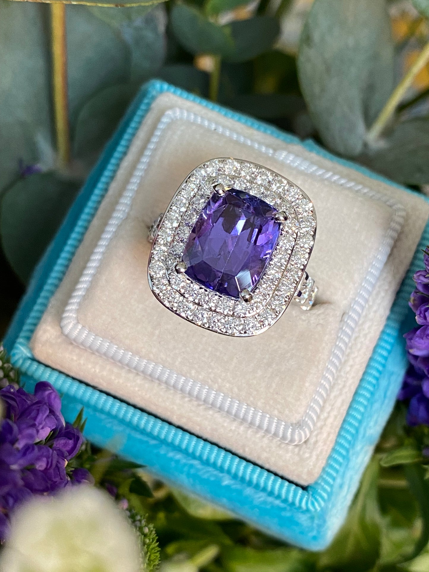 5.42 Carat Cushion Cut Tanzanite and 1.68 ctw Natural Diamond Cocktail Ring in Platinum