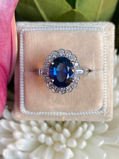 2.79 Carat Blue Ceylon Sapphire and 0.56ctw Natural Diamond Halo Ring in Platinum