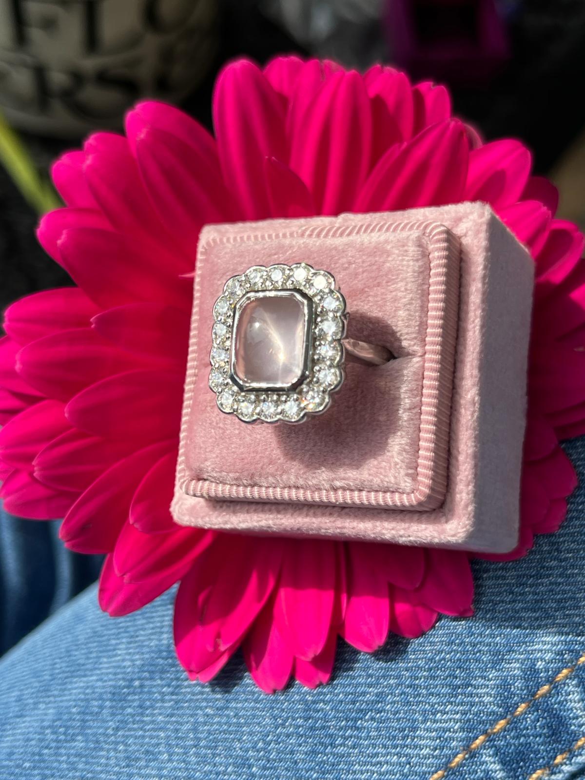 4.50 CTW Cabochon Cut Rose Quartz and Moissanite Halo Cocktail Ring