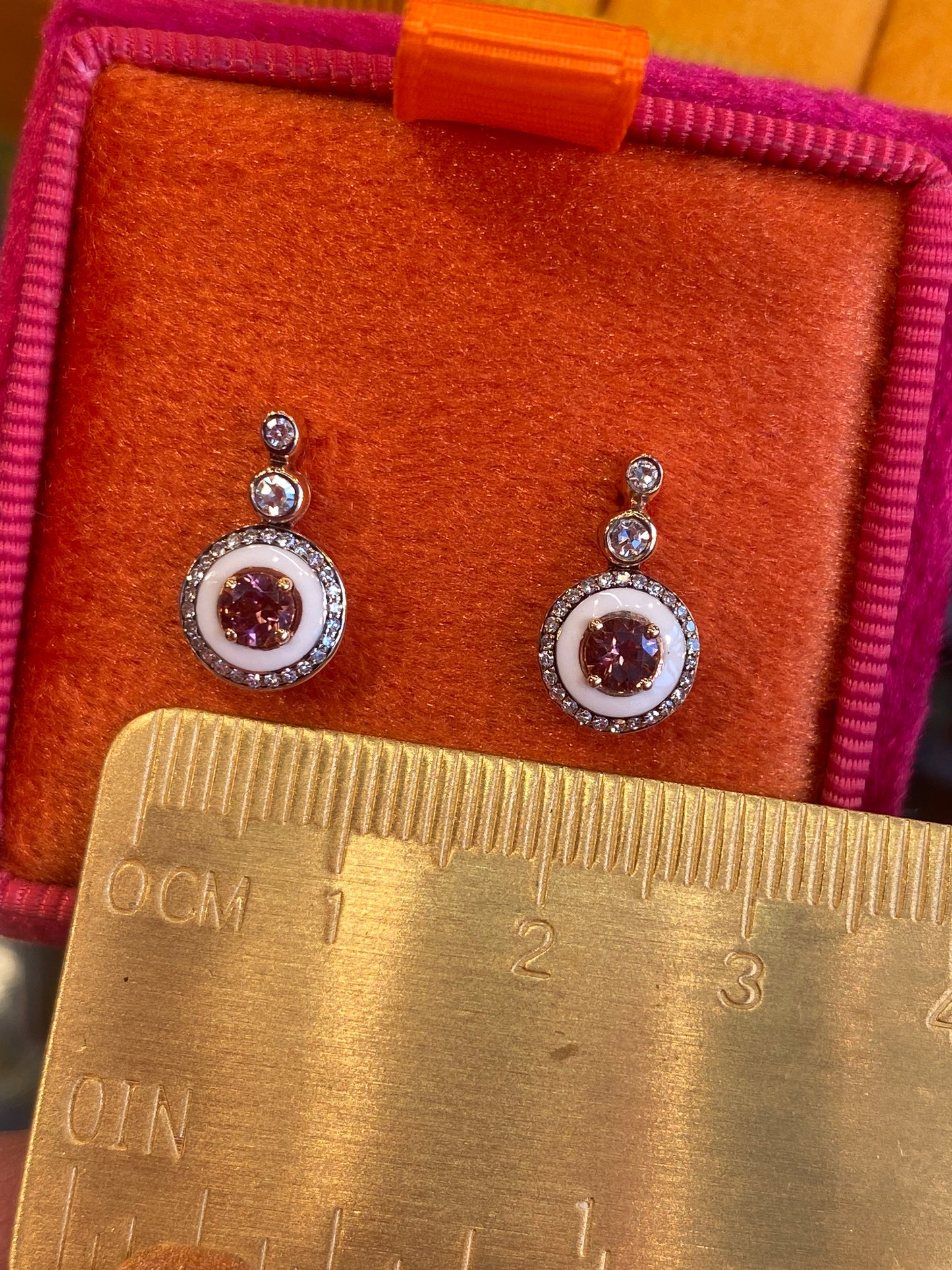 Pink Tourmaline, Diamond and Enamel Drop Earrings in 18ct Yellow Gold