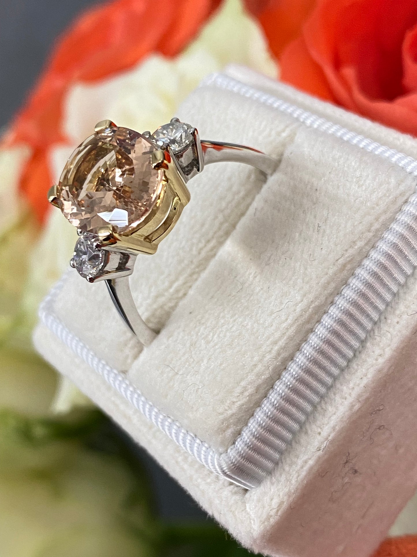 3.11ct Oval Cut Morganite and Diamond Three Stone Engagement Ring in 18ct Gold