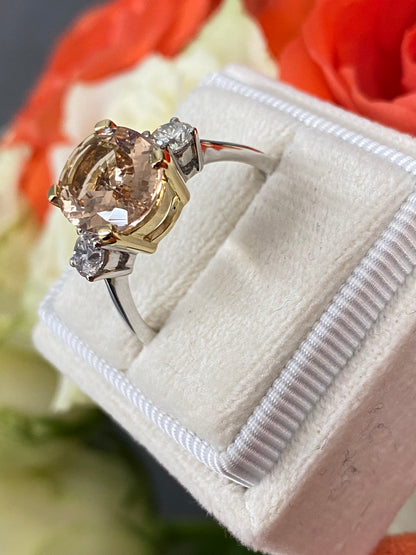 3.11ct Oval Cut Morganite and Diamond Three Stone Engagement Ring in 18ct Gold