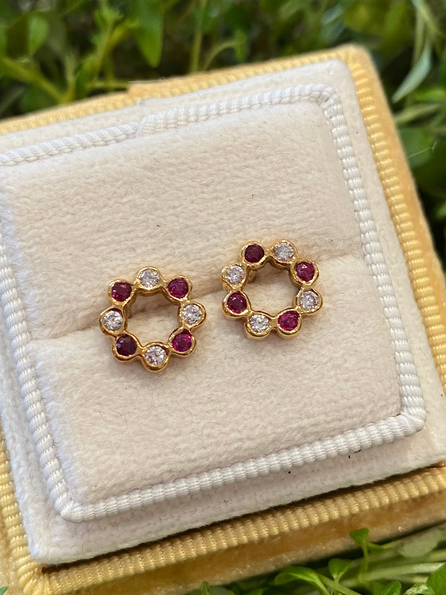 Ruby and Diamond Christmas Wreath Earrings in 18ct Yellow Gold