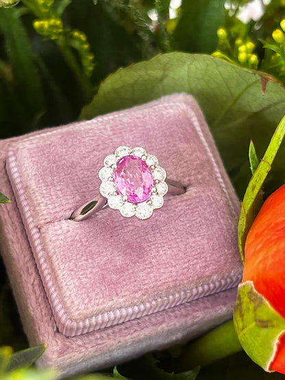 1.94 CTW Oval Cut Pink Sapphire and Natural Diamond Halo Engagement Ring in Platinum