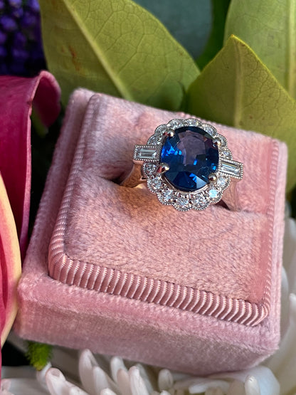 2.79 Carat Blue Ceylon Sapphire and 0.56ctw Natural Diamond Halo Ring in Platinum