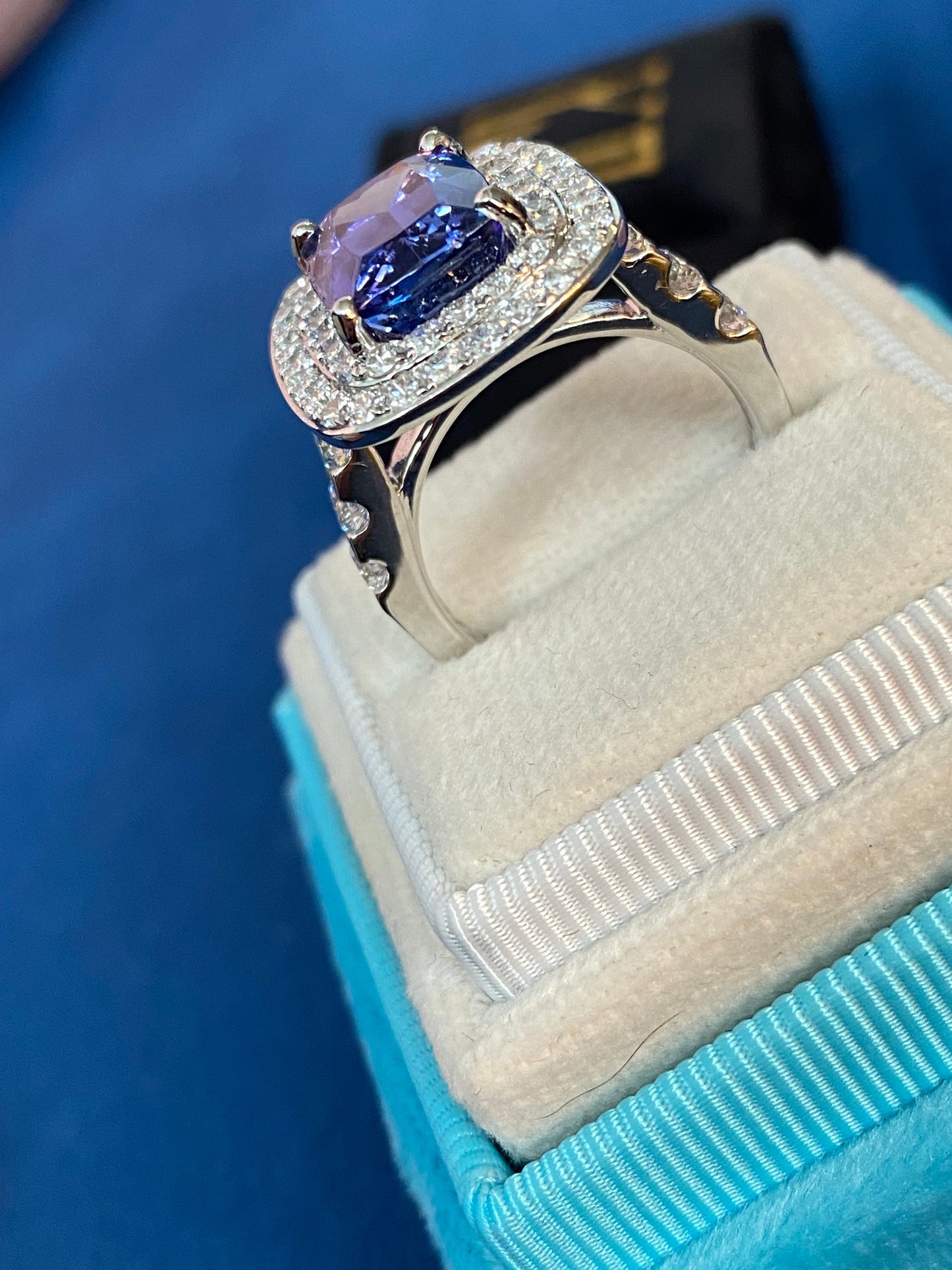 5.42 Carat Cushion Cut Tanzanite and 1.68 ctw Natural Diamond Cocktail Ring in Platinum