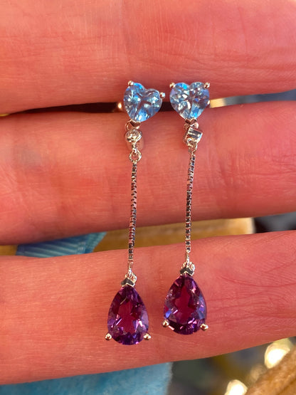 Pear Cut Amethyst, Heart Cut Topaz, and Diamond Drop Earrings in 18ct White Gold