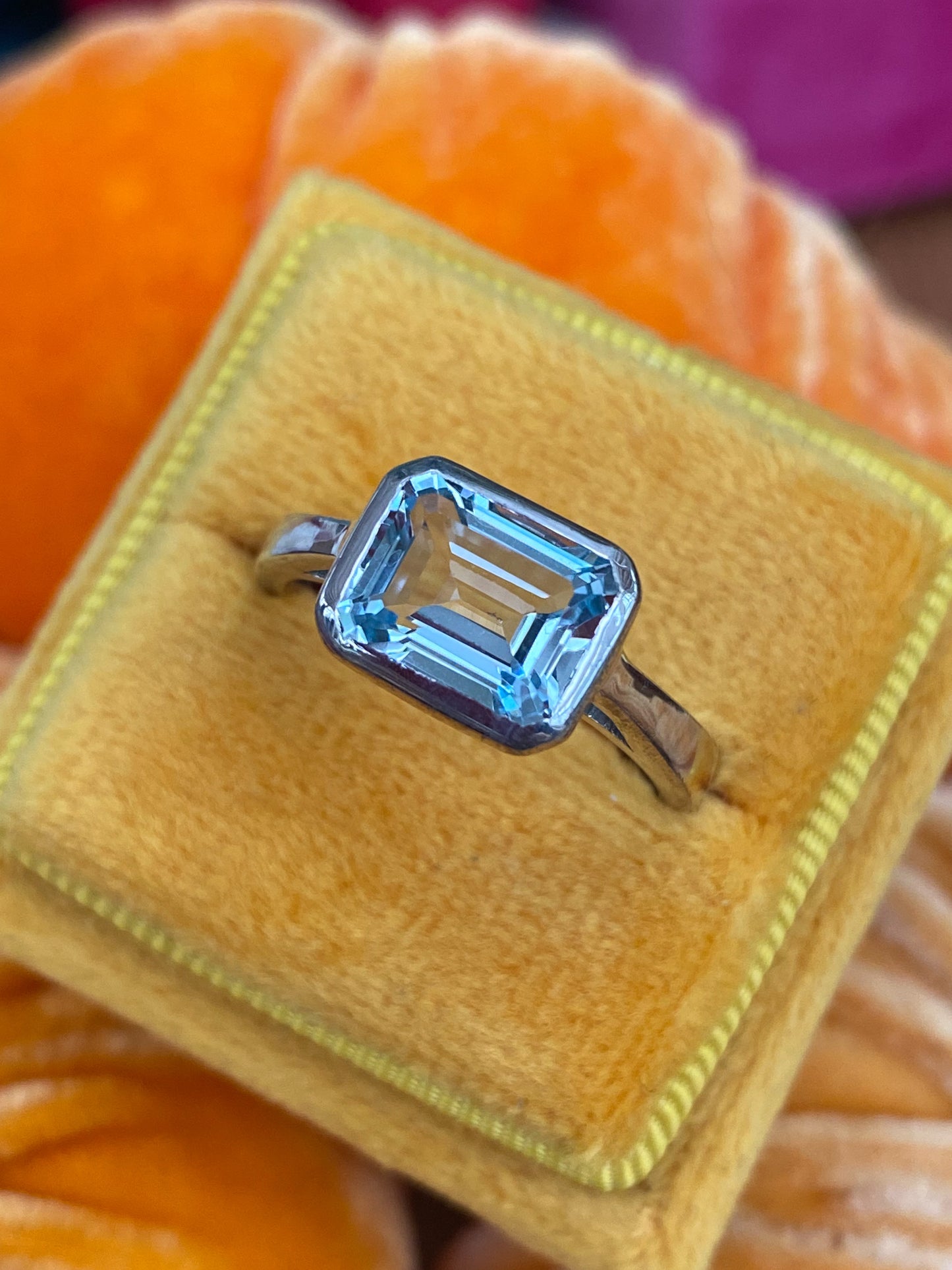 3.00 Carat Emerald Cut Blue Topaz East West Solitaire Ring in Sterling Silver