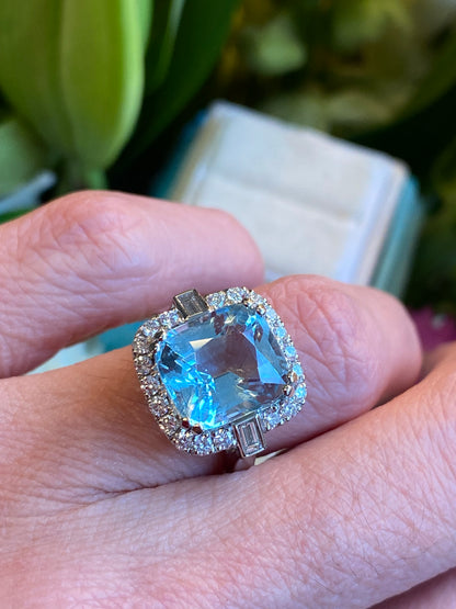 5.12 CTW Cushion Cut Aquamarine and Natural Diamond Halo Engagement Ring in Platinum