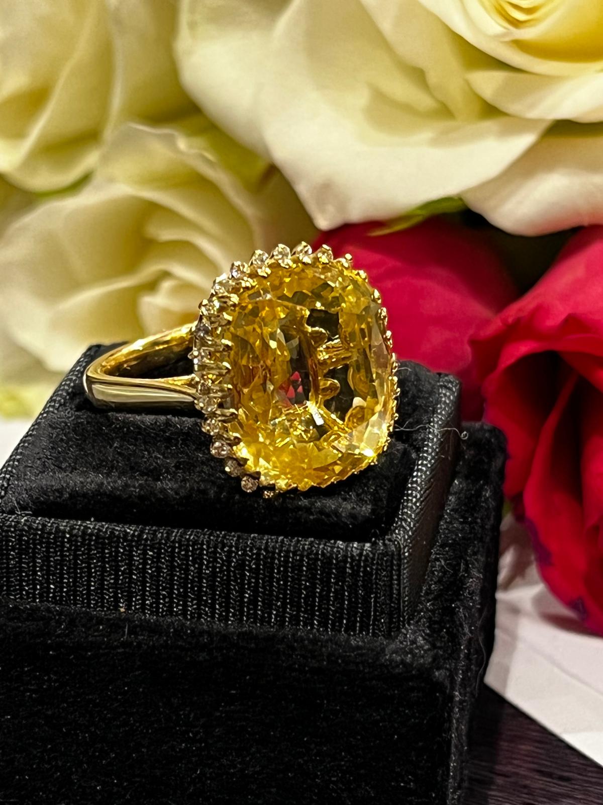 Masterpiece 19.23 Carat Certified Antique Unheated Yellow Sapphire and Diamond Ring