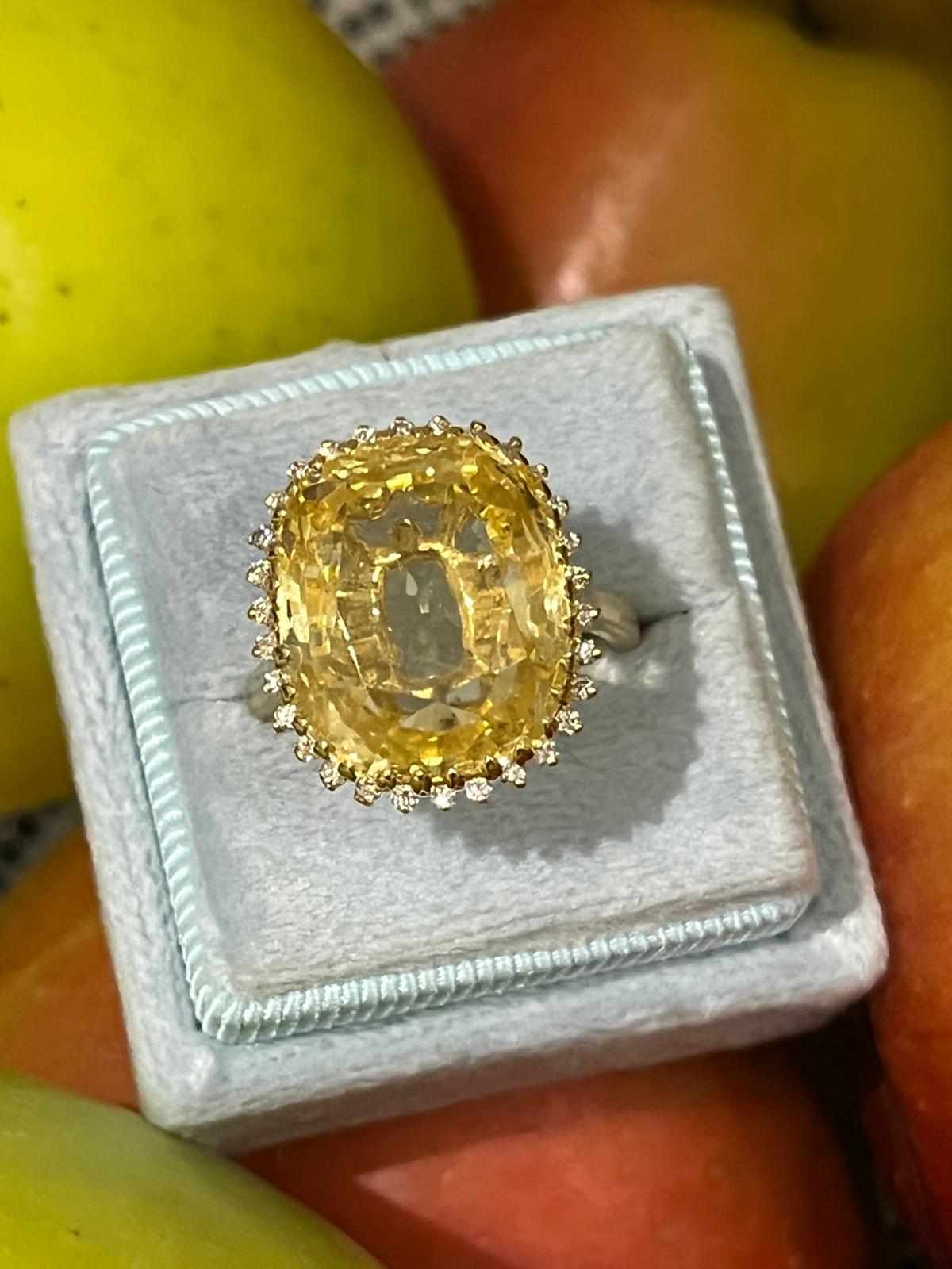 Masterpiece 19.23 Carat Certified Antique Unheated Yellow Sapphire and Diamond Ring