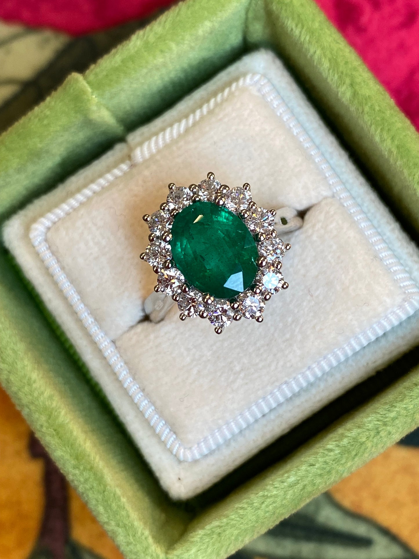 3.46 CTW Colombian Emerald and Natural Diamond Halo Engagement Ring Platinum