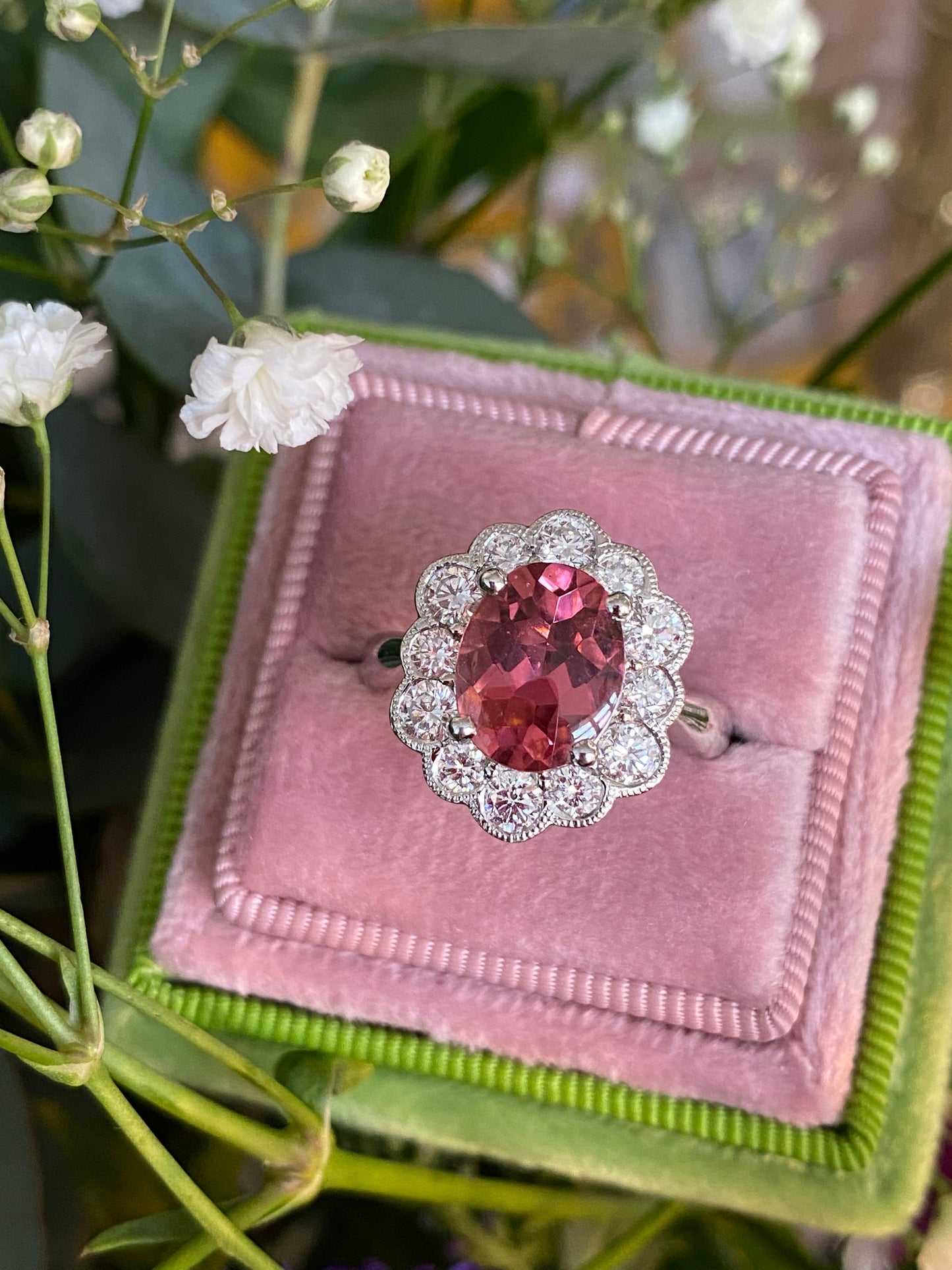 2.64 Carat Oval Cut Pink Tourmaline and 1.02ctw Natural Diamond Ring in Platinum