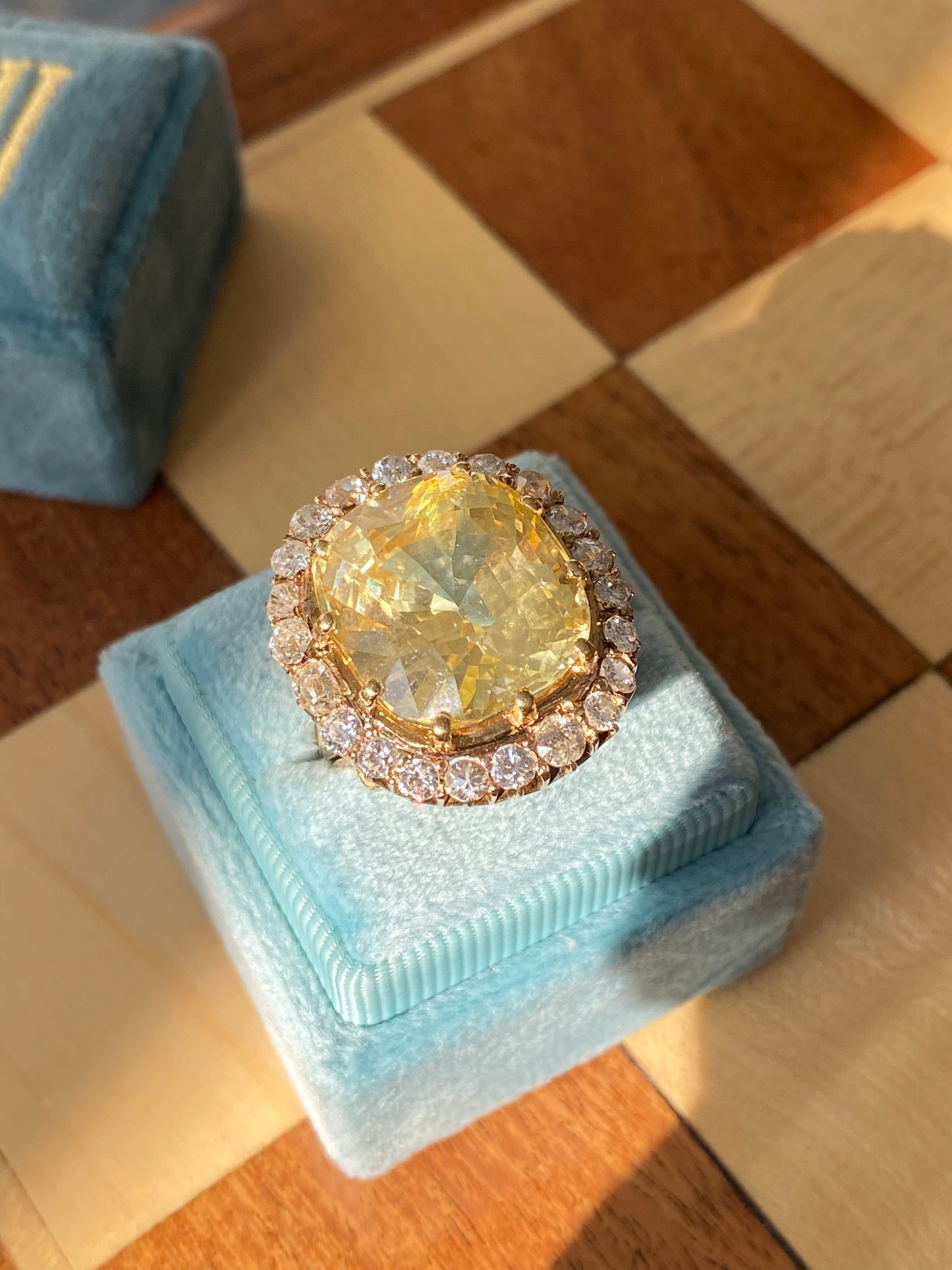 23.62 Carat Certified Unheated Yellow Sapphire and Old Cut Diamond Antique Ring