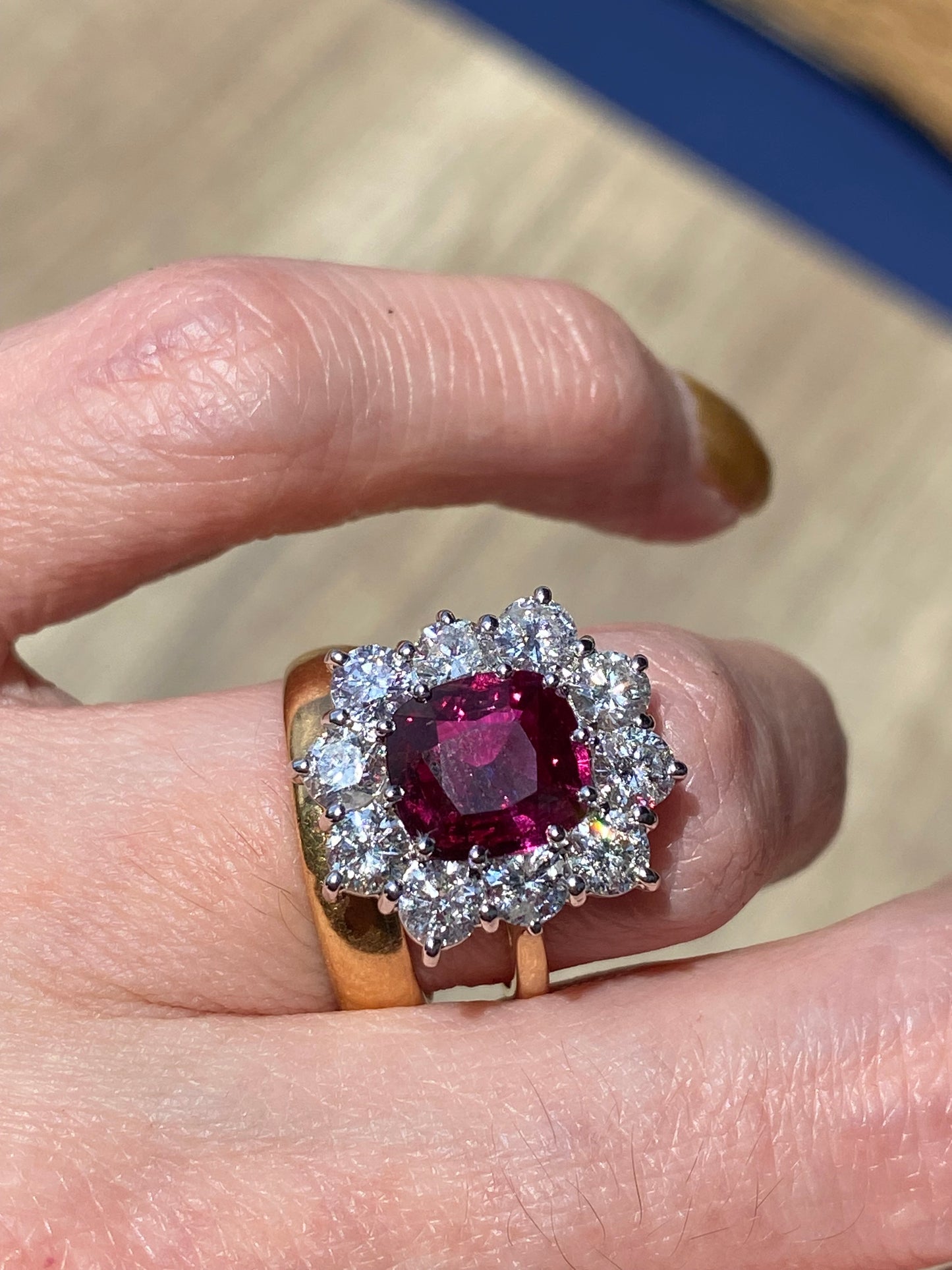 5.04 CTW No Heat Ruby and Natural Diamond Halo Ring in 18ct Yellow Gold