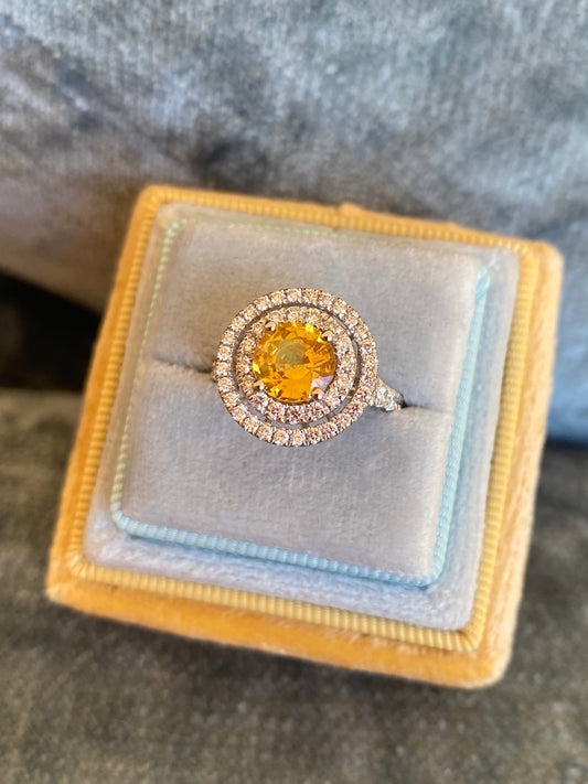 1.49 Carat Yellow Sapphire and Natural Diamond Halo Ring in Platinum