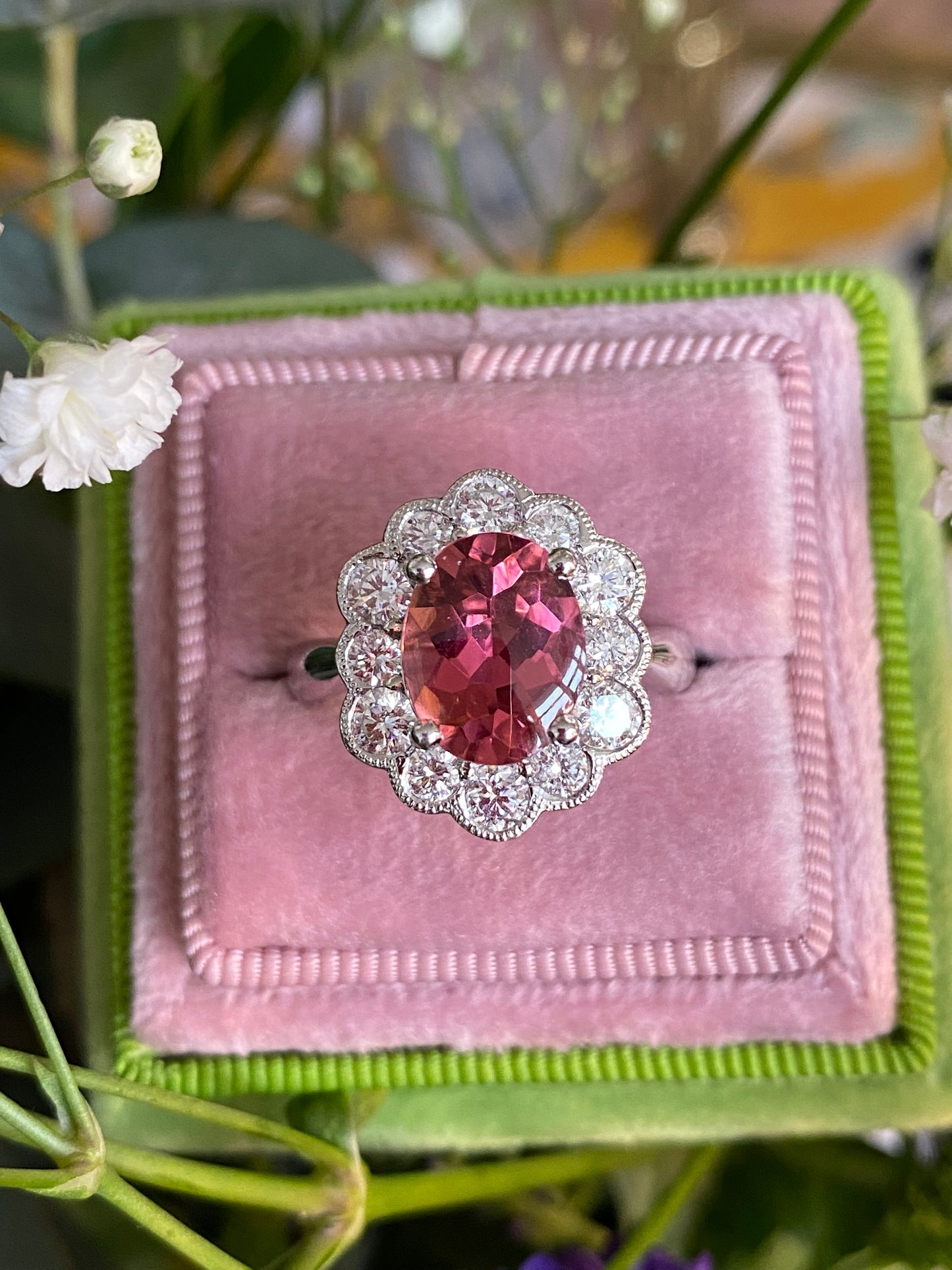 2.64 Carat Oval Cut Pink Tourmaline and 1.02ctw Natural Diamond Ring in Platinum