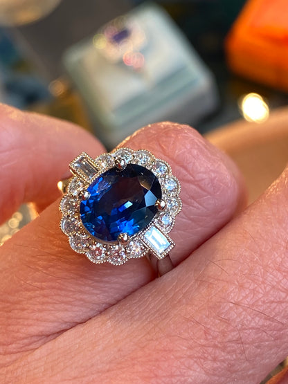 2.79 Carat Blue Ceylon Sapphire and 0.56ctw Natural Diamond Halo Ring in Platinum