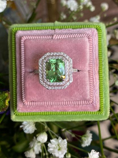 4.57ctw Tsavorite Garnet and Diamond Halo Engagement Ring in Platinum