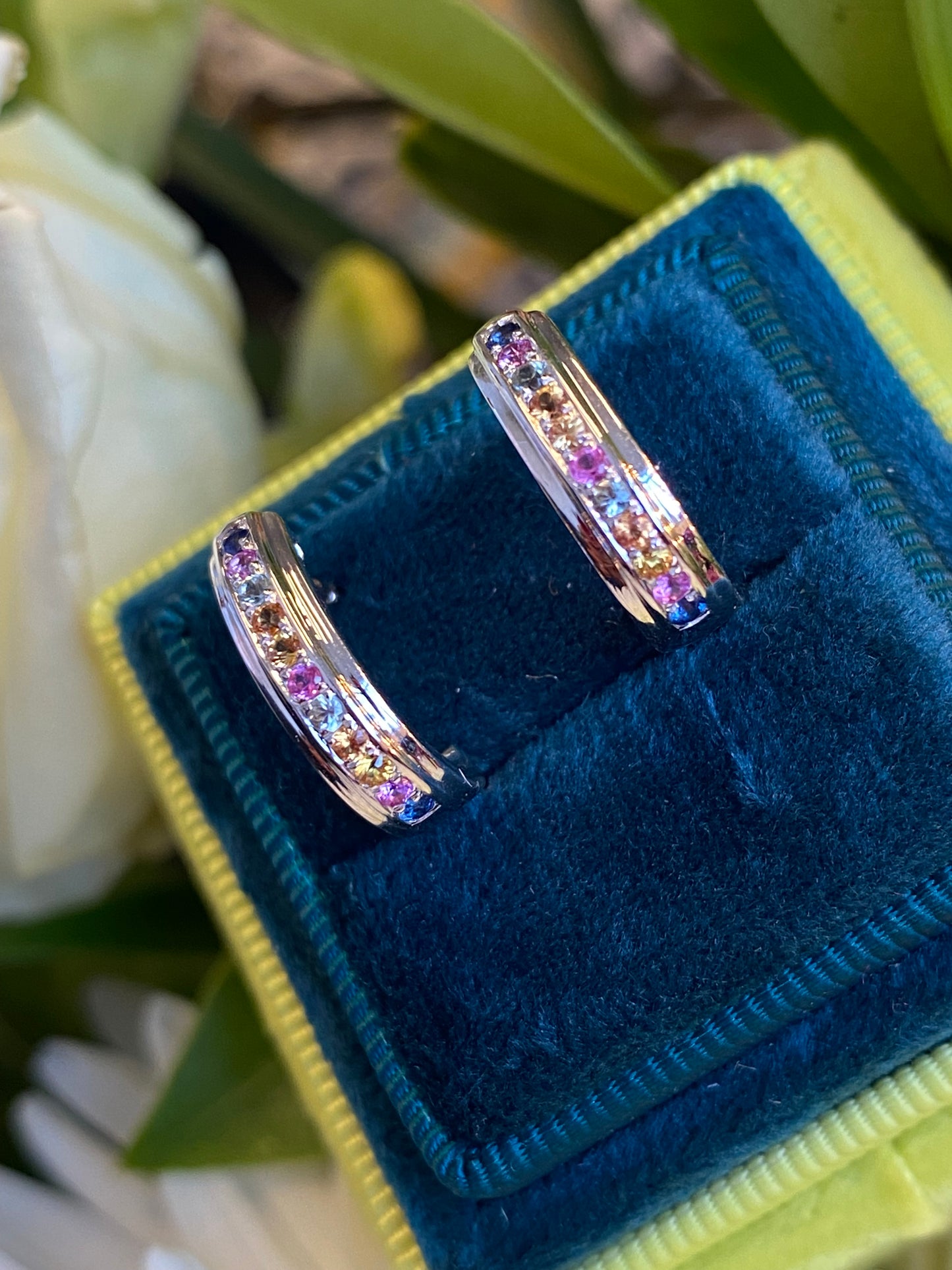 Rainbow Sapphire Hoop Earrings in 18ct White Gold